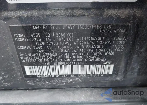 2010 Subaru Outback 2.5I из США, поврежденный, VIN 4S4BRBAC0A1320686